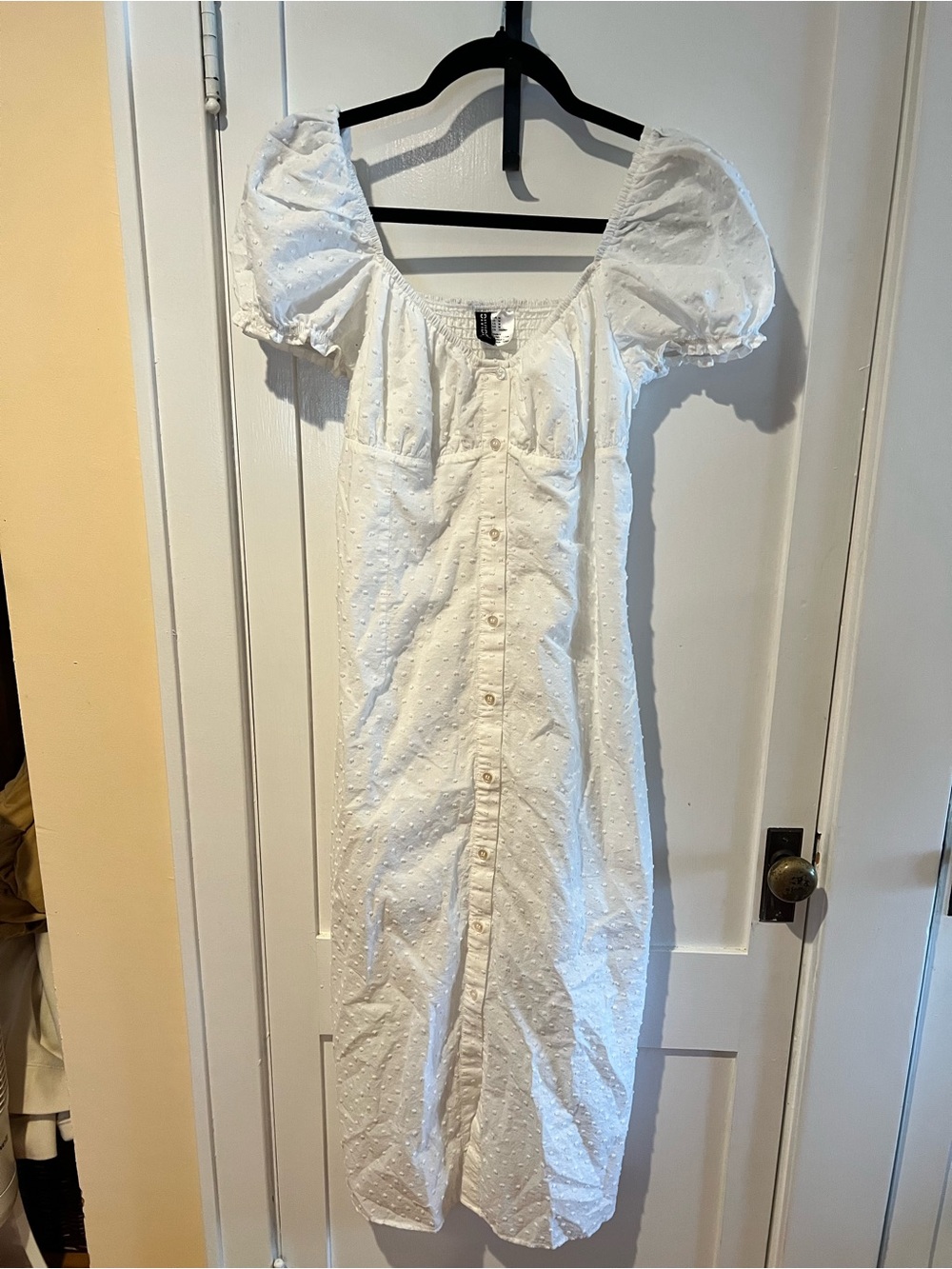 Divided White Eyelet Midi Dress with Puff Sleeves